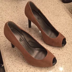 Peekaboo toe suede high heels. Leather heel.